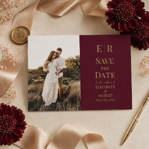 Burgundy Gold Monogram Photo Save the Date Card