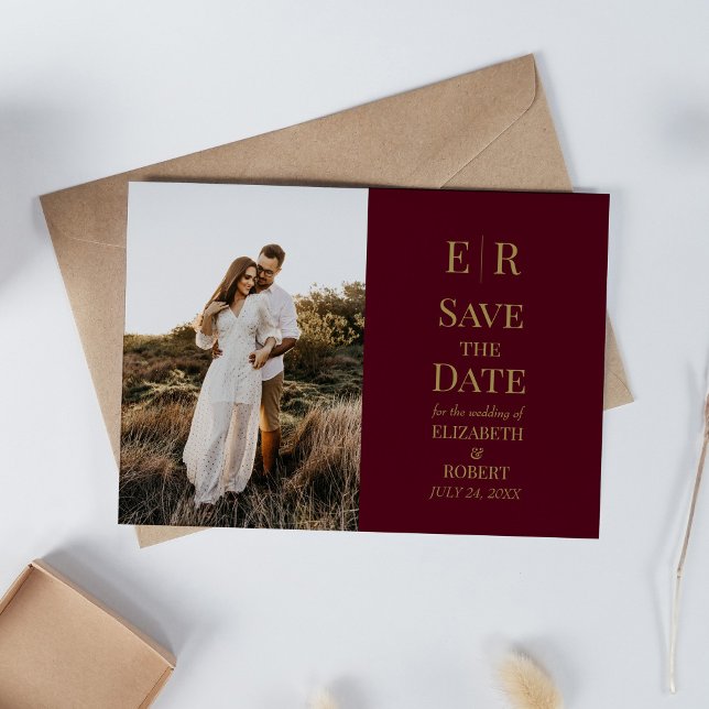 Burgundy Gold Monogram Photo Save the Date Card (Burgundy Monogram Custom Photo Save the Date Invitation on neutral boho wedding table.)