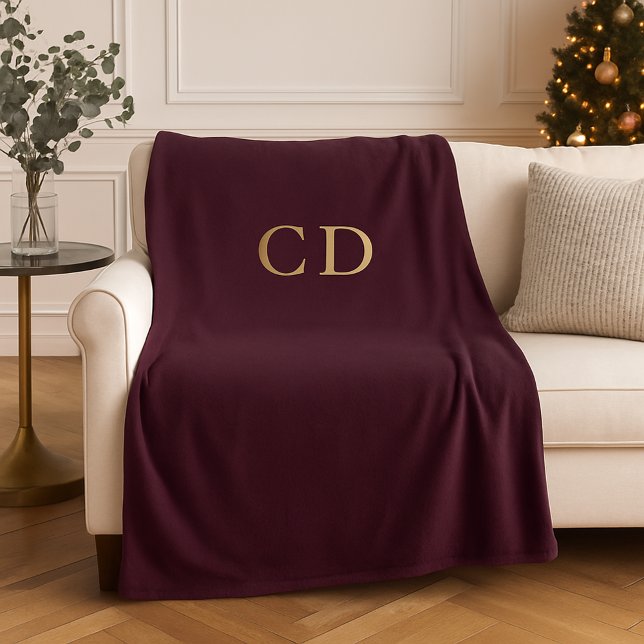 Burgundy gold monogrammed initials luxury fleece blanket (Creator Uploaded)