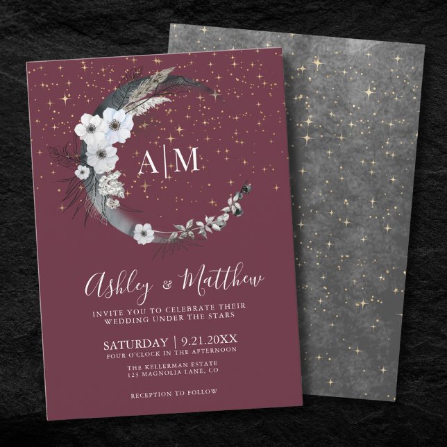 Burgundy Gold Moon Celestial Wedding Invitation (Burgundy Gold Moon Celestial Wedding Invitation )