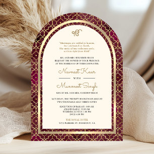 Burgundy Gold Moroccan QR Code Sikh Arch Wedding Invitation