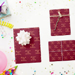 Burgundy gold name script wrapping paper<br><div class="desc">Burgundy background colour,  golden text. 
Personalise and add a name and age. Handwritten style script.</div>