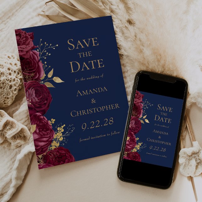 Burgundy Gold Navy Blue Floral Save the Date Announcement (Creator Uploaded)