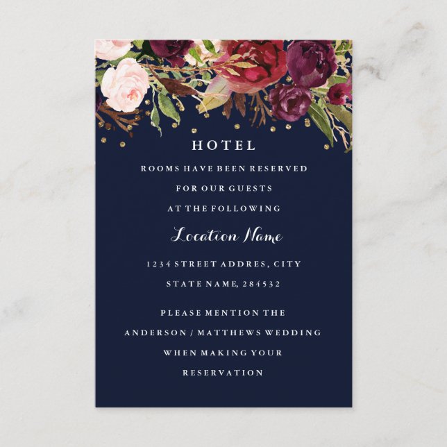 Burgundy Gold Navy Confetti Floral Wedding Hotel Enclosure Card (Front)