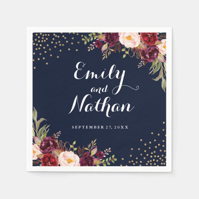 Burgundy Gold Navy Confetti Floral Wedding Napkin (Front)