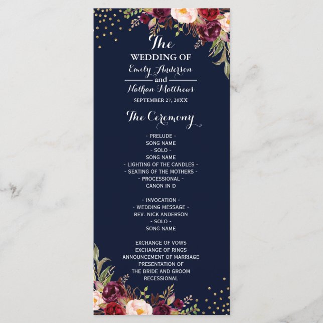 Burgundy Gold Navy Confetti Floral Wedding Program Programme (Front)