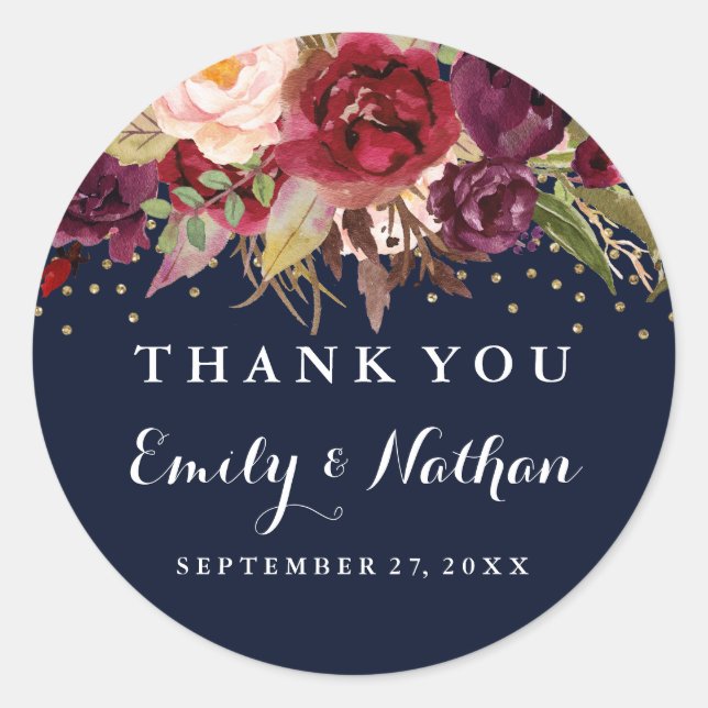 Burgundy Gold Navy Confetti Floral Wedding Sticker (Front)