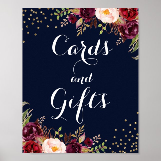 Burgundy Gold Navy Floral Cards And Gifts Wedding Poster (Front)