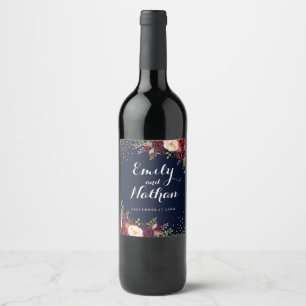 Burgundy Gold Navy Floral Fall Wedding Wine Label