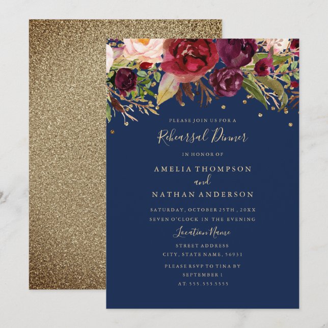 Burgundy Gold Navy Floral Rehearsal Dinner Invitation (Front/Back)