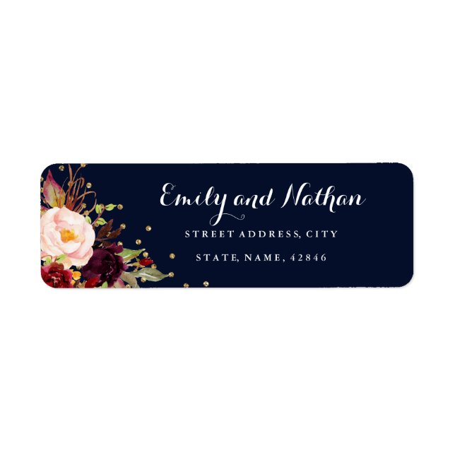 Burgundy Gold Navy Floral Return Address Label (Front)