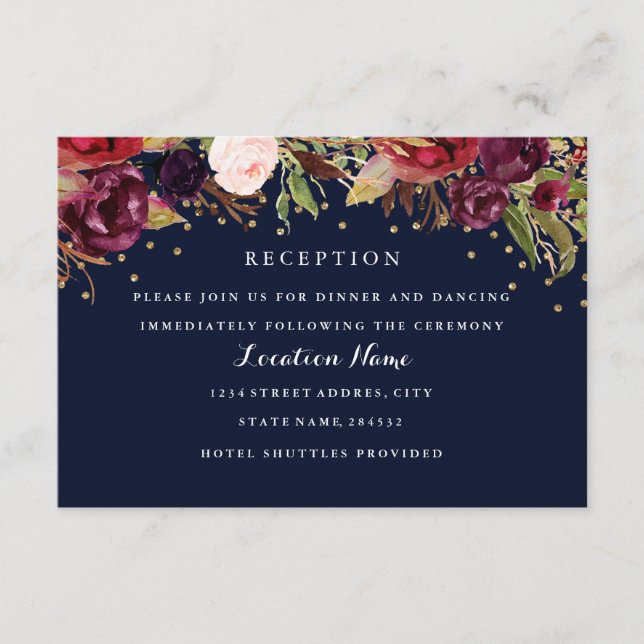 Burgundy Gold Navy Floral Wedding Reception Card (Front)