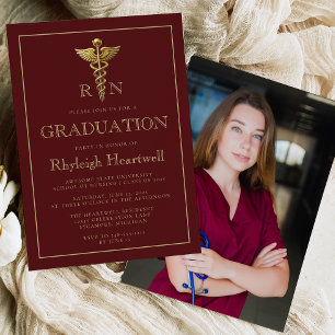 Burgundy Gold Nurse RN Photo Graduation Party Invitation