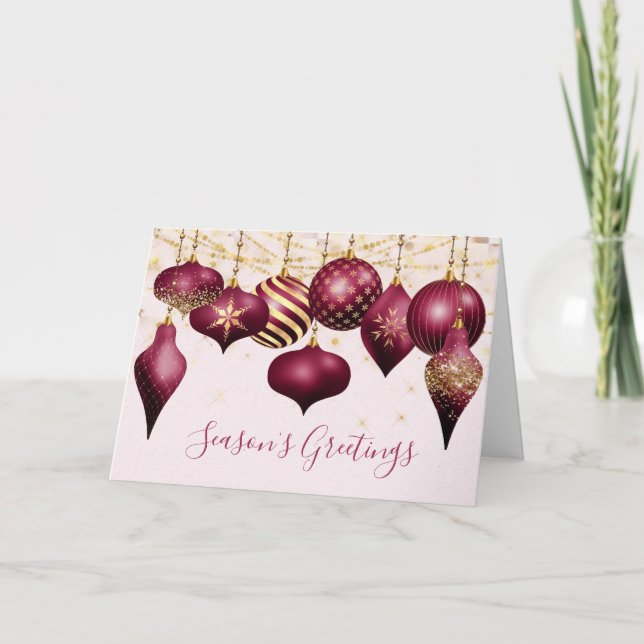 Burgundy Gold Ornaments Business Holiday Card (Front)