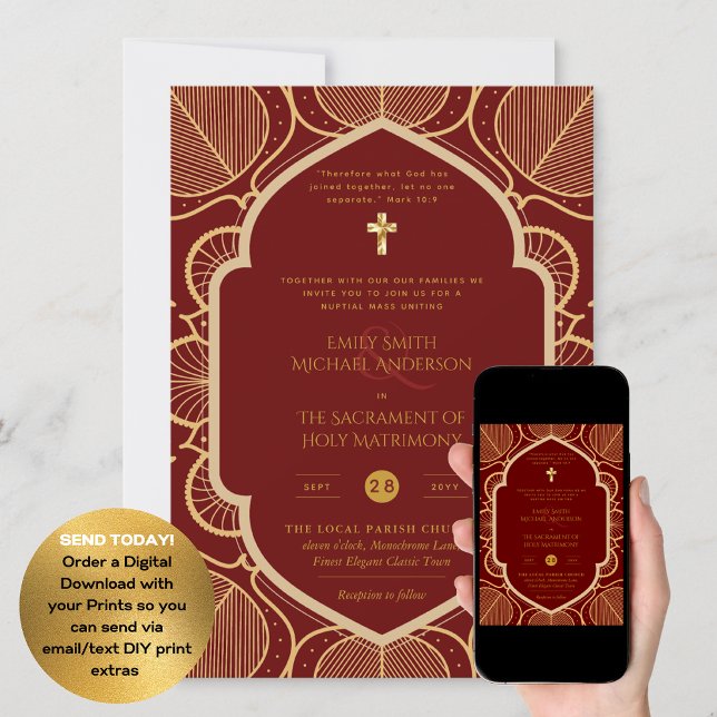 Burgundy Gold Ornate Catholic Nuptial Mass Wedding Invitation (Creator Uploaded)