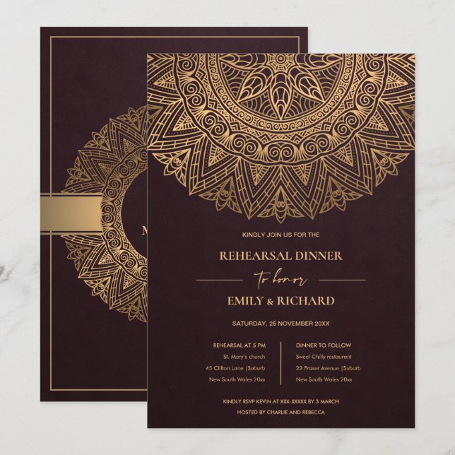 BURGUNDY GOLD ORNATE MANDALA REHEARSAL DINNER INVITATION (Front/Back)
