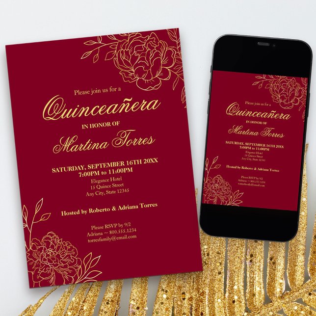Burgundy Gold Outline Flowers Floral Quinceanera Invitation (Red and Gold Quinceanera Invitation, from my Gold Sketched Floral collection
)