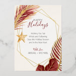 Burgundy & Gold Palm Tree Tropical Beach Christmas Foil Holiday Card<br><div class="desc">Nautical Boutique Co.'s burgundy and gold Christmas foil holiday card features watercolor burgundy and gold tropical greenery and is accented with a pretty watercolor starfish. The text is whimsical hand-lettering paired with modern block typography. The wine, gold, and creamy ivory are reminiscent of tropical beach holidays. Easily customise all text,...</div>