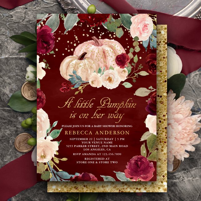 Burgundy Gold Peach Floral Pumpkin Baby Shower Invitation (Creator Uploaded)