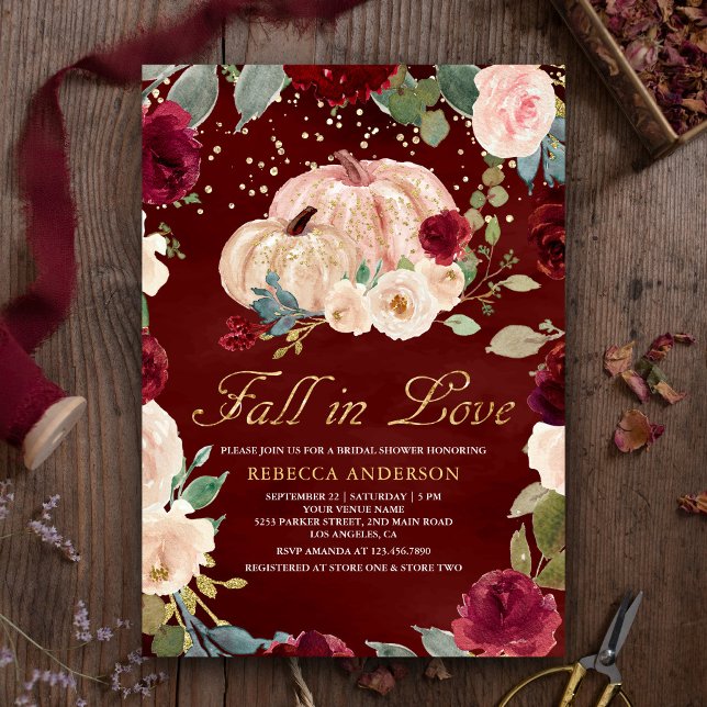 Burgundy Gold Peach Floral Pumpkin Bridal Shower Invitation (Creator Uploaded)
