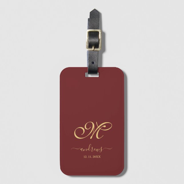 Burgundy Gold Personalised Signature Luggage Tag (Front Vertical)