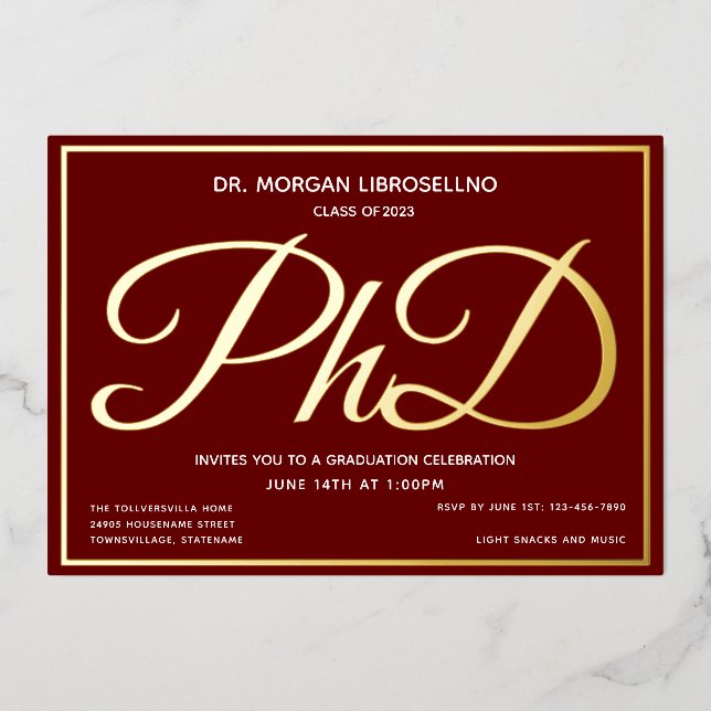 Burgundy Gold PhD Graduation Foil (Front)