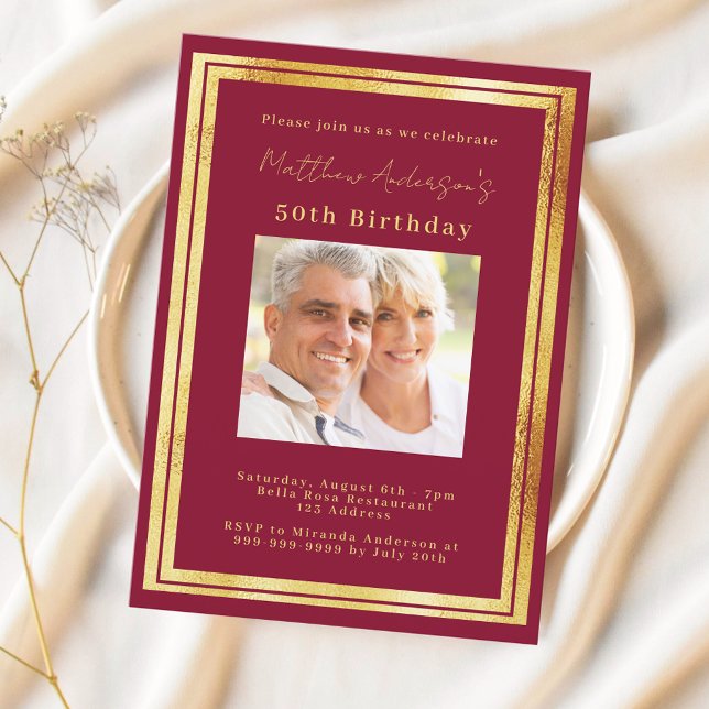 Burgundy gold photo birthday invitation (Creator Uploaded)