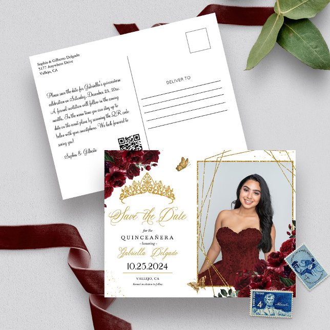 Burgundy Gold Photo Card Quinceañera Save The Date (Creator Uploaded)