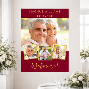 Burgundy gold photo collage birthday party welcome poster