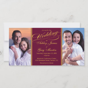 Burgundy Gold Photo Collage Wedding Invitation