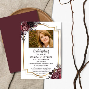Burgundy & Gold Photo Floral Celebration of Life Invitation