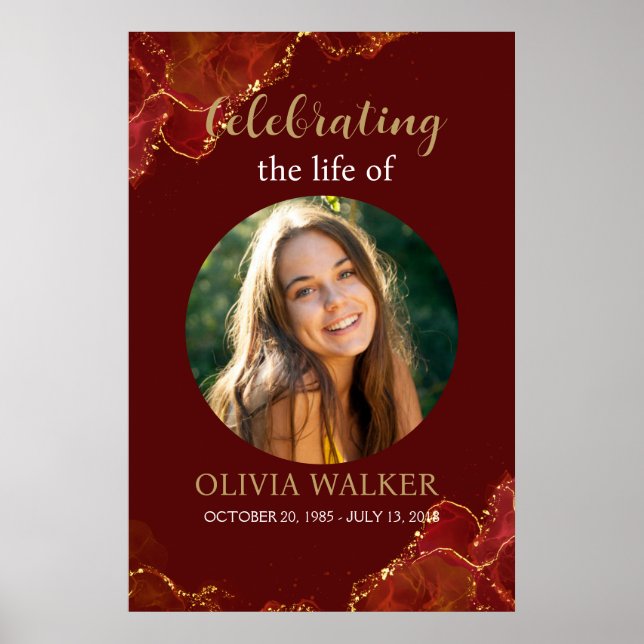 Burgundy & Gold Photo Funeral Memorial Sign (Front)