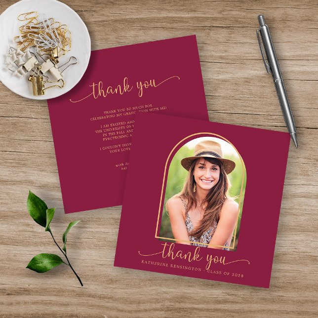 Burgundy Gold Photo Graduation Thank You Invitation (Creator Uploaded)