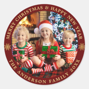 Burgundy Gold Photo Merry Christmas Holiday PHOTO Classic Round Sticker
