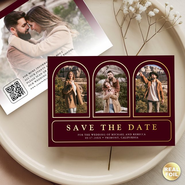 Burgundy Gold Photo QR Code Wedding Save the Date (Creator Uploaded)
