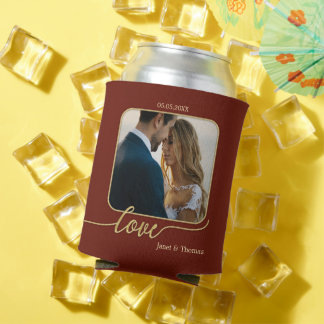 Burgundy Gold Photo Wedding Can Cooler