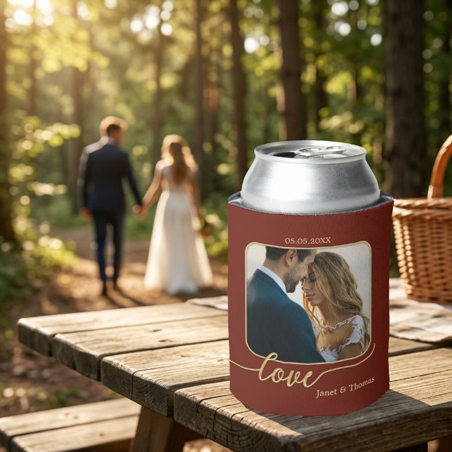 Burgundy Gold Photo Wedding Can Cooler (Photo can cooler featuring a burgundy and gold design with stylized "love" script text)