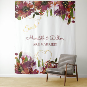 Burgundy Gold Pink Floral Photo Booth Backdrop Tapestry