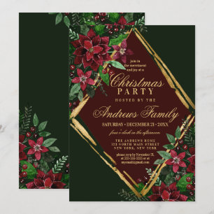 Burgundy Gold Poinsettia Floral Christmas Party Invitation