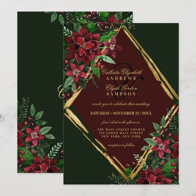 Burgundy Gold Poinsettia Floral Watercolor Wedding Invitation (Front/Back)