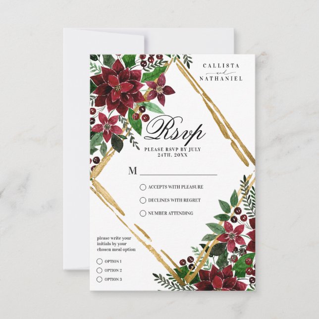 Burgundy Gold Poinsettia Floral Watercolor Wedding RSVP Card (Front)