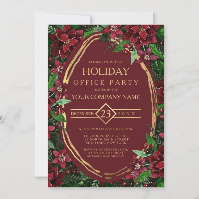 Burgundy Gold Poinsettia Ivy Corporate Holiday Invitation (Front)