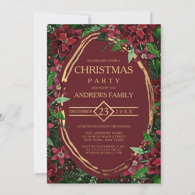 Burgundy Gold Poinsettia Ivy Floral Christmas Invitation (Front)