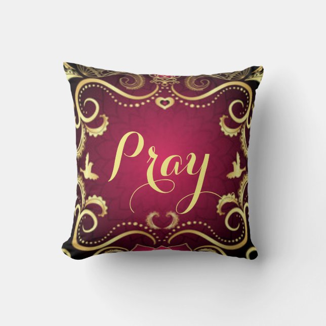 Burgundy Gold Pray Pattern Print Design Cushion (Front)