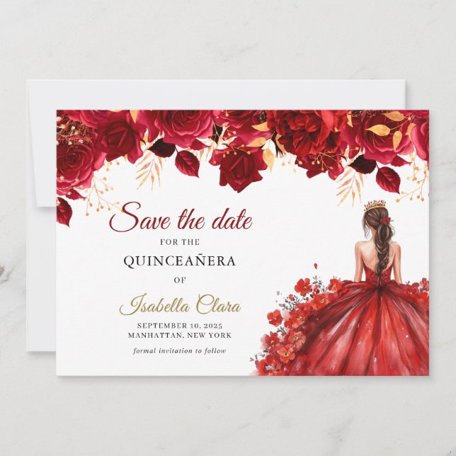 Burgundy & Gold Princess Quinceañera Save The Date Announcement (Front)