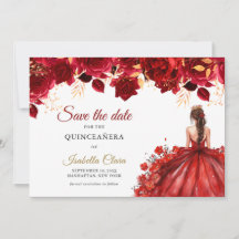Burgundy & Gold Princess Quinceañera Save The Date