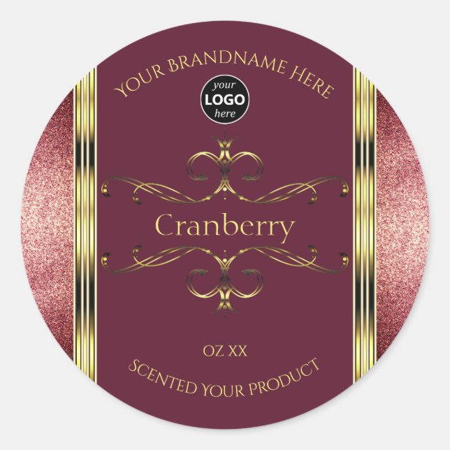 Burgundy Gold Product Labels Glitter Borders Logo (Front)