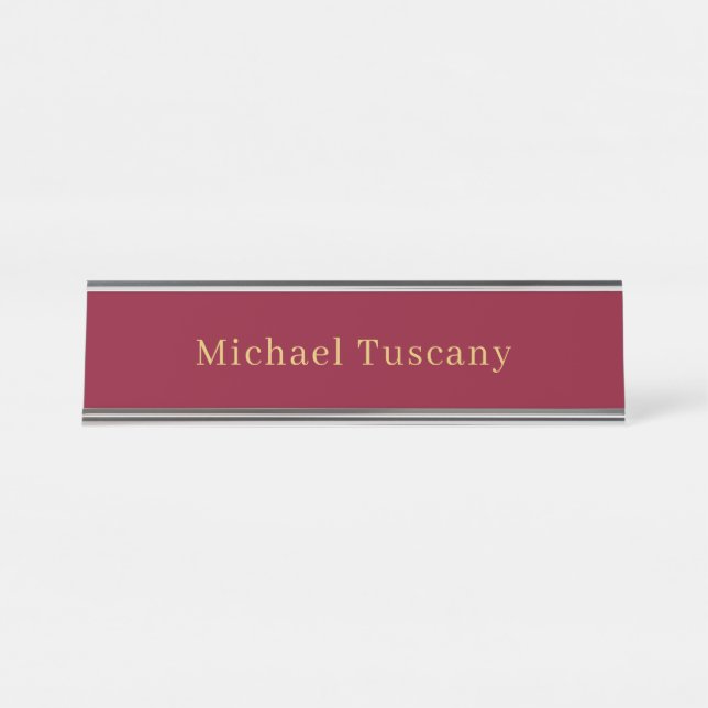 Burgundy Gold Professional Trendy Minimalist Text Desk Name Plate (Front)