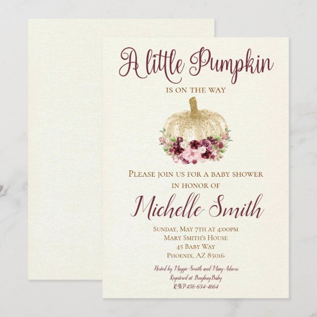 Burgundy Gold Pumpkin Boho Baby Shower Invitation (Front/Back)