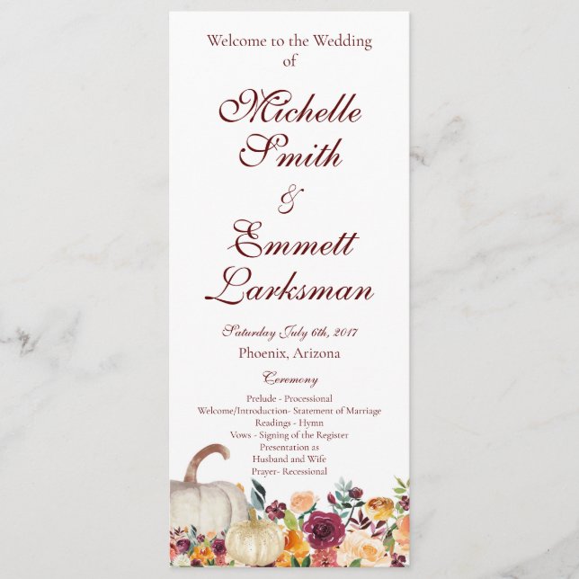 Burgundy Gold Pumpkin Fall Autumn Wedding Programme (Front)
